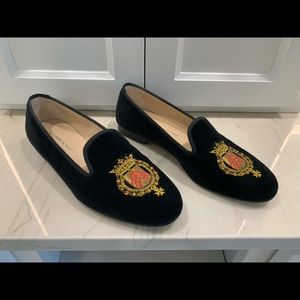 Stubbs & Wootton 9 Black Velvet Gold Crest Flats